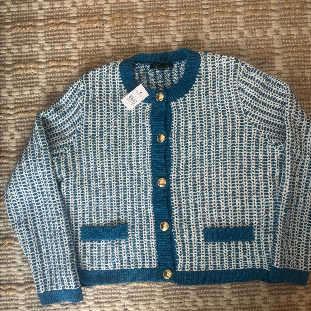 Ann Taylor Teal and White Cardigan with Gold Accent medium NWT